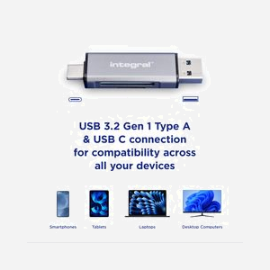 Lecteur de carte mémoire Integral INCRUSB3.2ACSDMSDR USB 3.2 Gen 1 Type-A/Type-C pour MicroSD/SD, 5000 Mbit/s, compatible Windows/macOS/Linux - Miniature 3