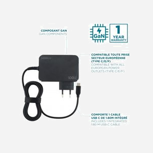 Mobilis Adaptateur Secteur Universel 100W USB-C Power Delivery & PPS, GaN, Câble 1.8m, Type C, Noir, 100x95mm, 262g, Ref: 020023 - Miniature 2