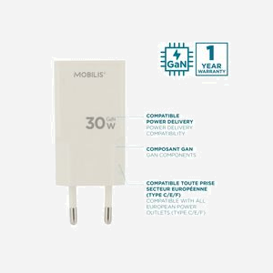 Mobilis Chargeur Secteur Universel 30W, 2 Ports USB-C PD/PPS, GaN, Type C, Blanc, 82x37x15mm, 52g, Compatible Smartphones/Tablettes - Miniature 3