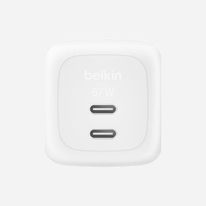 Belkin WCH020KQWH Chargeur Secteur Universel 67W, 2 Ports USB-C, Charge Rapide GaN, Protection Surtension/Surintensité/Surchauffe/Court-circuit - Blanc