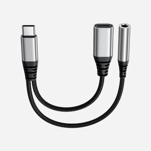 DLH Adaptateur USB-C vers Jack 3.5mm & USB-C 60W - DY-AD5435 - Connecteurs mâle/femelle, 3A, câble tressé 13cm, Aluminium, Noir/Gris, CE/RoHS - Miniature 1