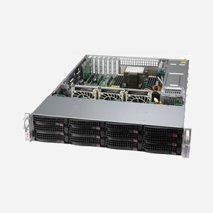 Serveur rack Supermicro CSE-826BAC12-R802LPB 2U gris avec alimentation 800W redondante, support 12 baies 3.5" pour disques durs, dimensions 437x647x89 mm