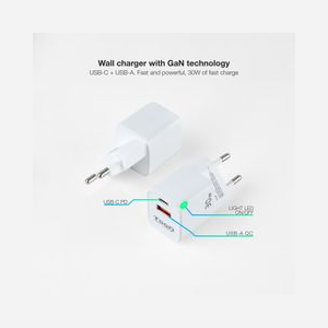 Chargeur Secteur Universel TooQ 30W GaN, 1 Port USB 2.0, 1 Port USB Type-C, Charge Rapide, 100-240V, Blanc, avec Adaptateur Secteur EU - Miniature 2