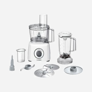 Bosch MCM3200W Robot de Cuisine Multifonction 800W, Bol 2.3L, 2 Vitesses, Lames Inox MultiLevel6, Mini-Hachoir, Râpe, Disques, Blanc - Miniature 1
