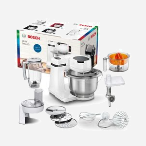 Robot de cuisine Bosch Serie 2 MUMS2EW40 Blanc, 700W, bol 3.8L Inox, 4 vitesses, fonction impulsion, accessoires inclus : blender, presse-agrumes, hachoir. - Miniature 2