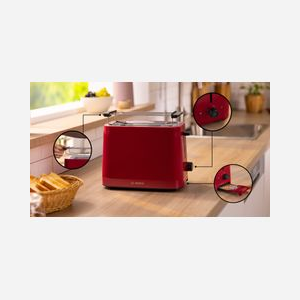 Grille-pain Bosch TAT3M124 Rouge 2 tranches 950W, Chauffe-viennoiseries pliable, HighLift, Centrage automatique, Thermostat réglable, Tiroir ramasse-miettes - Miniature 3