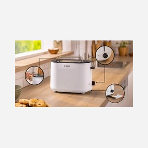 Grille-pain Bosch TAT2M121 950W Blanc, 2 tranches, 6 niveaux de brunissage, Corps en plastique, Fonctions réchauffage et décongélation, Tiroir ramasse-miettes - Miniature 3