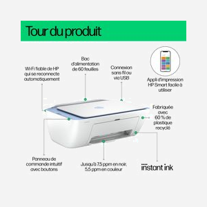 HP DeskJet 2822e - Imprimante Multifonction Couleur Jet d'Encre Thermique A4 (4800x1200 DPI), 7.5ppm Noir/5.5ppm Couleur, Wi-Fi, USB, HP+ - Miniature 5
