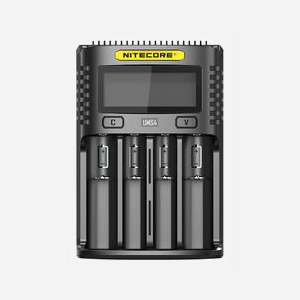 Nitecore UMS4 Chargeur de Batteries CC Domestique - Support Li-Ion/LiFePO4/Ni-MH/Ni-Cd - AA/AAA/AAAA/C/D - 4 Slots - 12V Input - Noir