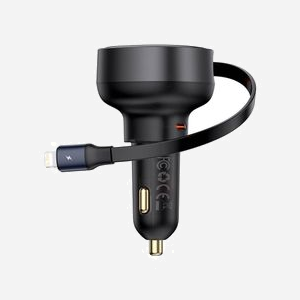 Baseus Chargeur Auto Allume-cigare 55W, 1x USB-C, Lightning, Charge Rapide, Câble 0.7m, Entrée 12-24V, ABS+PC, Noir, Compatibilité Universelle