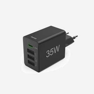 Hama 00201990 Chargeur Secteur 35W Noir - 1x USB-C Power Delivery 3.0 & Quick Charge 3.0 - 4 Sorties, Protections Surcharge/Court-Circuit