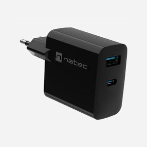 NATEC Chargeur Secteur Universel 65W GaN NUC-2145 : USB-A 3.2 Gen 1 + USB-C Power Delivery 3.0 / Quick Charge 3.0, 100-240V, Noir