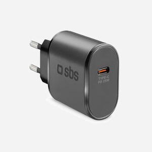 SBS TETR1CPD25 Chargeur Secteur USB-C 25W pour Smartphone & Tablette, 100-240V, Noir, Protections Court-circuit, Sorties 5V/3A, 9V/2.77A, 12V/2.08A