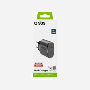 SBS TETR1CPD25 Chargeur Secteur USB-C 25W pour Smartphone & Tablette, 100-240V, Noir, Protections Court-circuit, Sorties 5V/3A, 9V/2.77A, 12V/2.08A - Miniature 2
