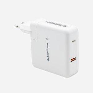 Qoltec 51710 Chargeur Secteur Universel 108W, Double Port USB-A + USB-C, Charge Rapide GaN, 220-240V, Protections Surtension/Surchauffe