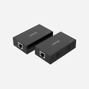 UNITEK V100A : Émetteur réseau HDMI Cat6, portée 60m, RJ-45, 5V 1A, dimensions 81x43x22mm, indicateur d'état, adaptateur secteur inclus, kit de 2 pièces.