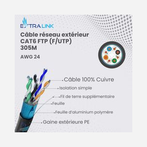 Extralink Câble Réseau CAT5E FTP (F/UTP) Extérieur Gélifié 305m Cuivre, 250MHz, Gaine PE, -50°C à 60°C, Noir, EX.17092 - Miniature 2
