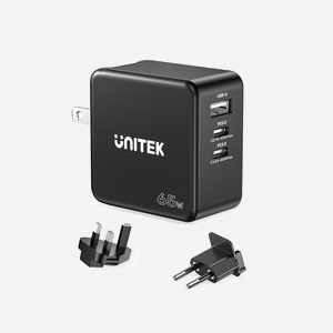 UNITEK P1117B Chargeur Secteur Universel 65W Noir : 2x USB-C Power Delivery 3.1, 1x USB-A 3.2 Gen 1, Quick Charge 3.0, GaN, PPS