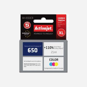 Activejet AH-650CR - Cartouche d'encre compatible HP 650 CZ102AE XL, 21ml, Couleurs (Cyan, Magenta, Jaune), 420 pages, Encre à colorant, Refurbished, Certifié ISO - Miniature 1