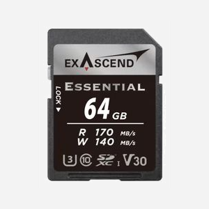 Exascend ESSENTIAL 64 Go SDXC UHS-I U3 V30 Classe 10 : Lecture 170 Mo/s, Écriture 140 Mo/s, Température d'opération -25°C à 85°C