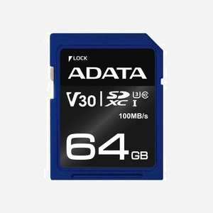 ADATA ASDX64GUI3V30S-R Carte mémoire SDXC 64 Go UHS-I Classe 10, Lecture 100 Mo/s, Ecriture 60 Mo/s, UHS Class 3 (U3), Video Speed Class V30 - Miniature 1