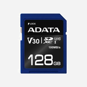 Carte mémoire ADATA 128 Go SDXC UHS-I Classe 10, Vitesse Lecture 100 Mo/s, Écriture 60 Mo/s, UHS Class 3 (U3), Video Speed Class V30
