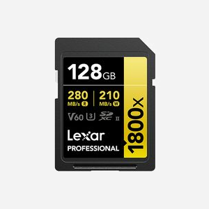 Carte mémoire Lexar Professional 1800x SDXC 128 Go UHS-II Classe 10, lecture 280 Mo/s, écriture 210 Mo/s, U3, V60, température 0-70°C.