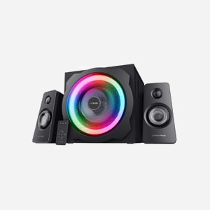 Trust GXT 629 Tytan - Système d'enceintes 2.1 60W RMS (120W PMPO), Subwoofer 30W, Satellites 15W, RGB, Télécommande sans fil, Entrée Line-in 3.5mm