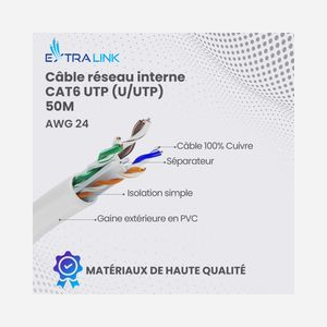 Extralink CAT6 UTP (U/UTP) 50M - Câble réseau intérieur, 4 paires torsadées, cuivre pur, gaine HDPE, PVC, bande passante 250MHz, Gigabit Ethernet - Miniature 1