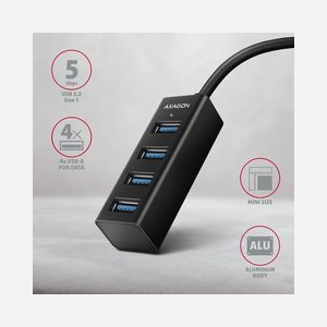 Axagon HUE-M1AL Hub USB 3.2 Gen 1 Type-A Aluminium Noir - 4 Ports USB 3.2 Gen 1 Type-A - Taux de transfert 5000 Mbit/s - Compatible Windows/macOS/Linux/Android/iOS - Miniature 3