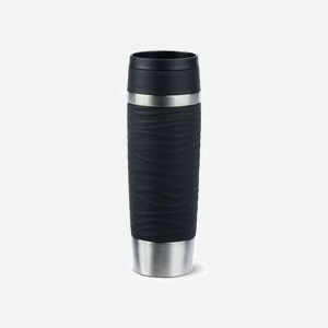 EMSA Travel Mug Waves Grande 500ml Noir/Acier Inoxydable - Couvercle Silicone/Acier/PP - Isolation Thermique, Base Antidérapante - 8.3cm x 24cm