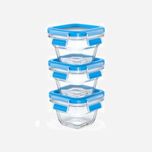 Ensemble de 3 Récipients EMSA CLIP & CLOSE N10507 Carrés en Verre, Bleu/Transparent, 180ml, -40°C à 420°C, L106xP106xH207mm, Lavable Lave-vaisselle & Congélateur - Miniature 1