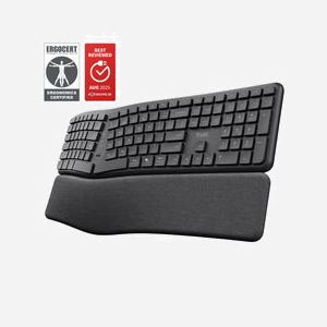 Clavier Ergonomique Sans Fil Trust Keyra, QWERTY US Intl, RF 2.4GHz + Bluetooth, 111 touches, repose-poignets, piles AA, Windows/macOS/Android/iOS/ChromeOS
