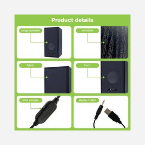 Techly ICC-SP-320WTY Enceintes 2.0, 6W RMS, 90-20000Hz, 4 Ohm, Connexion filaire USB Type-A & 3.5mm, Bois/Plastique, Noir - Miniature 4