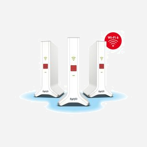 FRITZ! Répéteur Mesh Wi-Fi 6E AX4200 (802.11ax) bi-bande 2.4/5 GHz, antennes 2x2/4x4, WPA2/WPA3, 90x145x190mm, Blanc/Rouge