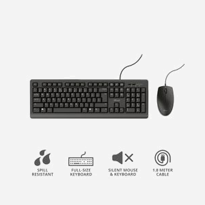 Clavier Trust Primo filaire USB taille réelle avec souris incluse disposition QWERTZ allemand noir pour bureau - Miniature 2