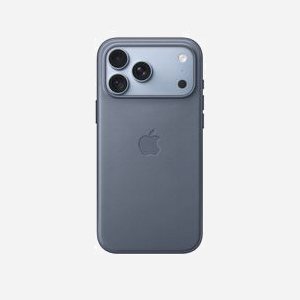 Coque Apple tissage technique MagSafe iPhone 18 Pro Max polyester recyclé TPU boutons aluminium bleu chambray
