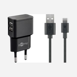 Chargeur Goobay 44986 secteur universel 2 ports USB avec câble USB Type-C 1m noir pour appareils mobiles