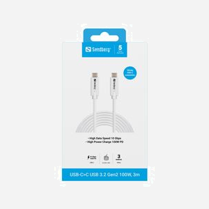 Câble Sandberg 136-75 USB-C 3.2 Gen 2 10Gbit/s Power Delivery 100W 3m blanc pour transfert de données - Miniature 2